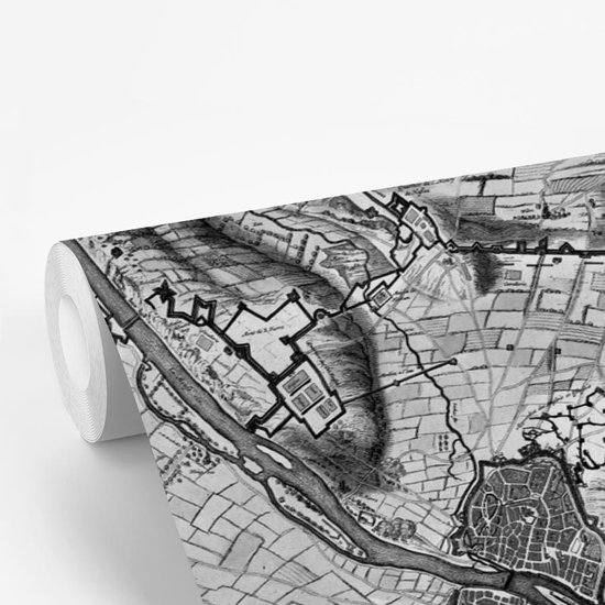 Papier peint photo en vinyle - Plan historique de la ville de Maastricht en noir et blanc - Plan d'étage largeur 525 cm x hauteur 350 cm - Tirage photo sur papier peint (disponible en 7 tailles)