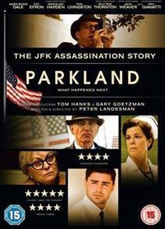 DVD-hoes met titel 'Parkland' en beelden van de cast, waaronder een man met camera en een verpleegster.