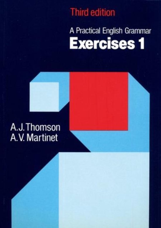 Boek 'A Practical English Grammar Exercises 1', derde editie, met blauwe, witte en rode geometrische vormen.
