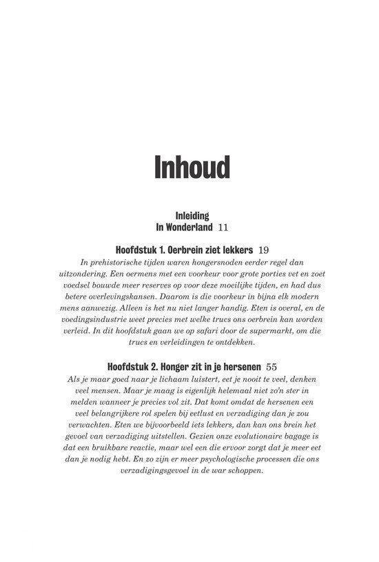Pagina's 11 en 19 uit een boek met inhoudsopgave en tekst over prehistorische tijden en eten.