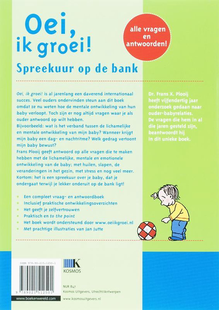 Boek "Oei, ik groei! Spre ekuur op de bank" met illustratie van een kind dat een bal achterna zit.