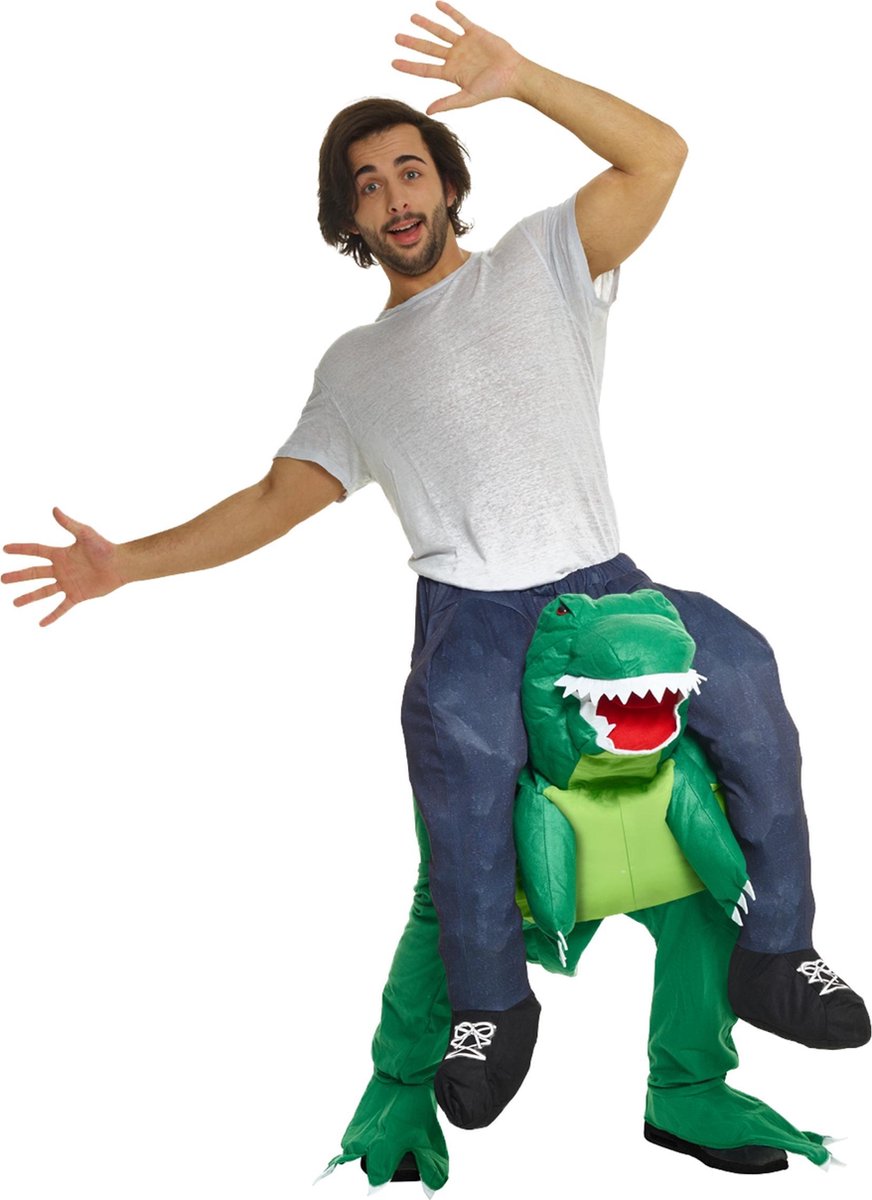 Man op rug van dinosaurus kostuum volwassenen - Volwassenen kostuums