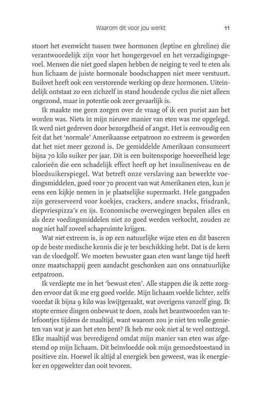 Pagina 11 uit een boek, met de titel 'Waarom eet je te veel?' en tekst over hormonen en eetgedrag.