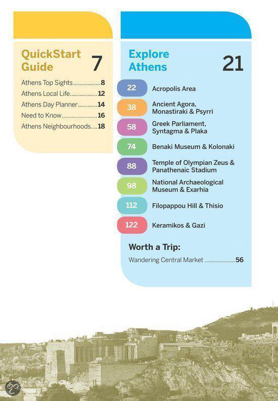 Overzicht van het boek met secties zoals QuickStart Guide en Explore Athens, met een afbeelding van de Akropolis op de achtergrond.