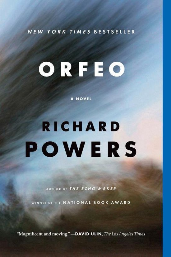Boekomslag van 'Orfeo' van Richard Powers, met abstracte achtergrond en witte tekst.