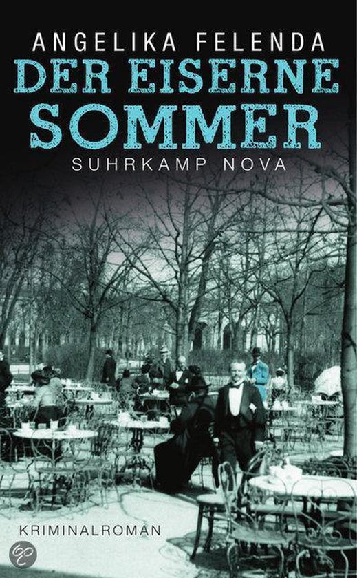 Boek 'Der eiserne Sommer' met op de voorkant een afbeelding van een buitenrestaurant in de winter met gasten aan tafels. Titel en auteursnaam bovenaan.