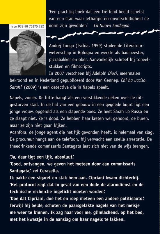 Een boek met een foto van de auteur Andrej Longo, die opkijkt tegen een gele achtergrond.