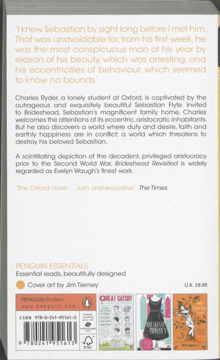 Achterkant van het boek 'Brideshead Revisited'. Bevat tekst en kleine boekcovers.