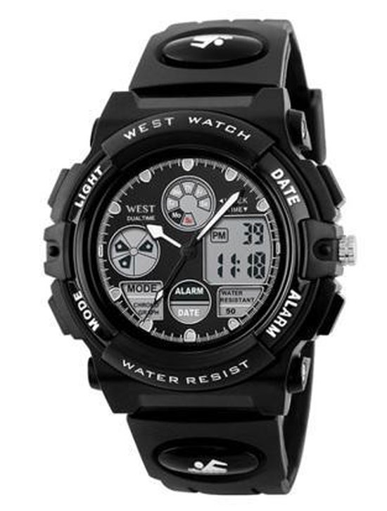 West Watch – multifunctioneel kinder/ tiener sport horloge - model Rock - Chronograaf – Shockproof - Digitaal/Analoog - Zwart