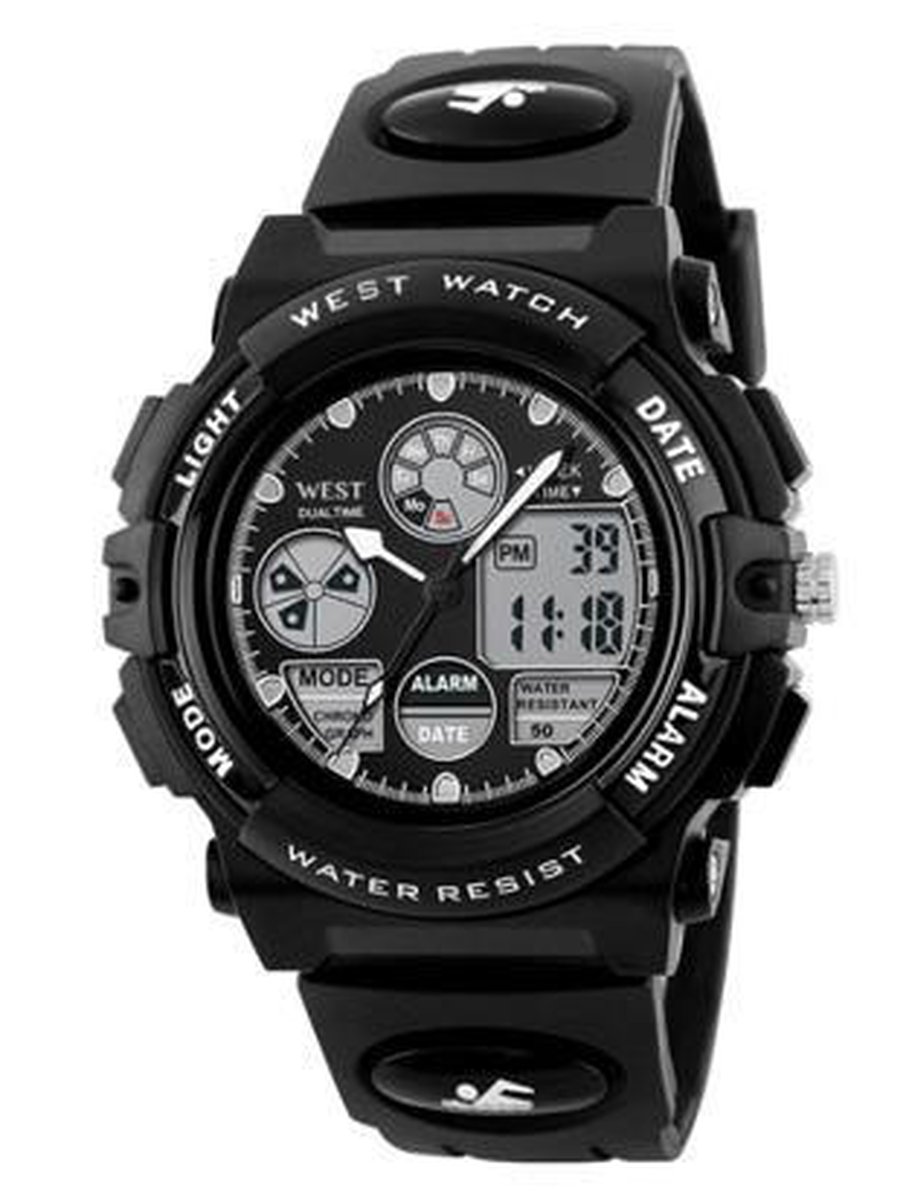 West Watches multifunctioneel kinder tiener sport horloge model Rock - Chronograaf - Shockproof - Digitaal-Analoog - Zwart