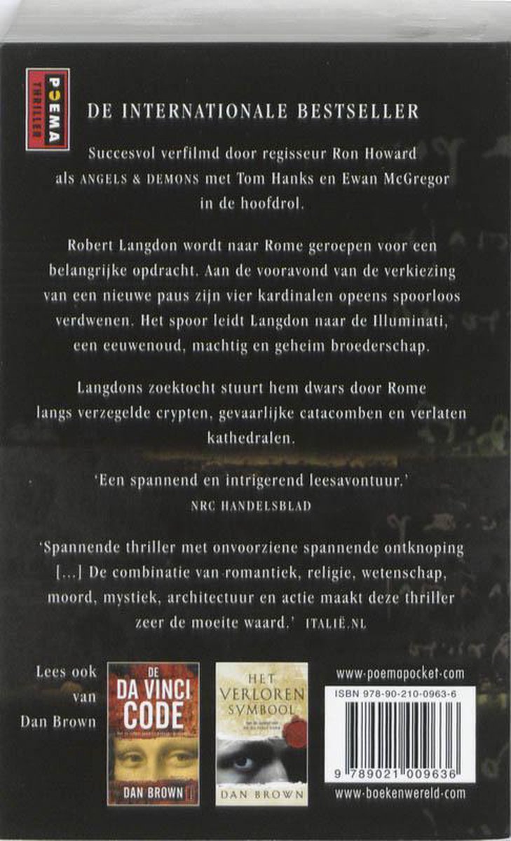 Achterkant van het boek 'Het Bernini Mysterie' met tekst en afbeeldingen van andere boeken.