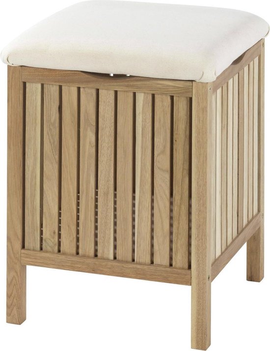 Relaxdays Tabouret avec rangement, panier, noyer, tissu, corbeille à linge 35 l, HLP : 51 x 39 x 39 cm, nature