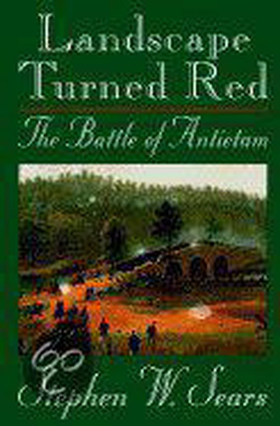Boekomslag voor 'Landscape Turned Red: The Battle of Antietam' met een schildering van een veldslag bij een brug, met soldaten te paard en te voet.