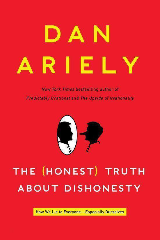 Boekomslag met de titel "The (Honest) Truth About Dishonesty" in gele letters op een rode achtergrond, met een illustratie van een profiel en een neus.