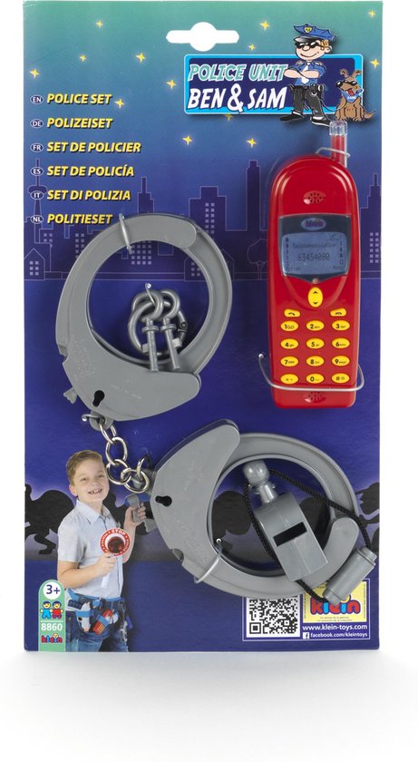 Politie speelgoedset 'BEN & SAM' in verpakking met rode telefoon, grijze handboeien, fluitje en jongen met accessoires.