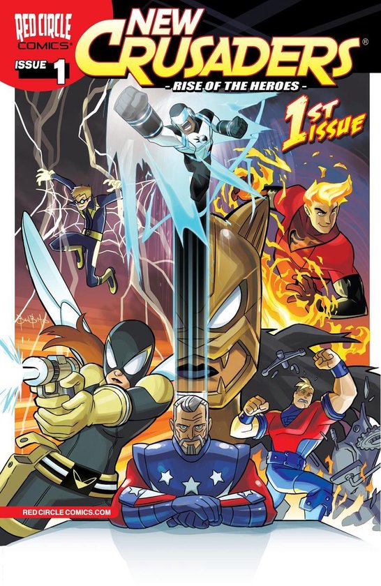 Nieuwe Crusaders: Rise of the Heroes #1 stripcover met verschillende helden in actie, waaronder een vrouw met pistool en een man in rood, wit en blauw.