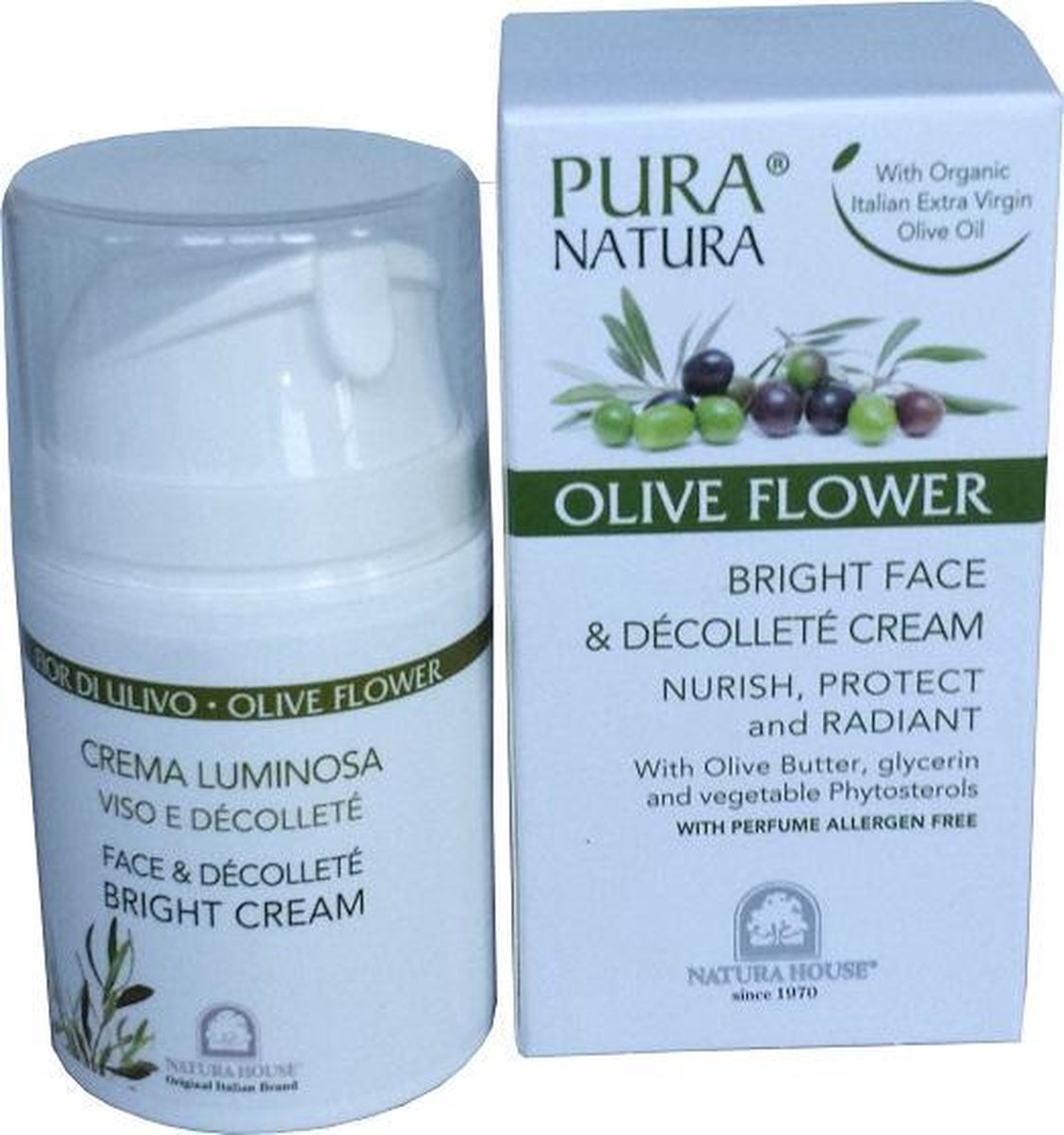 Pura Natura Olive Flower Bright Face Dag & Nachtcrème in “Airless” Doseerpompje 50 ml.