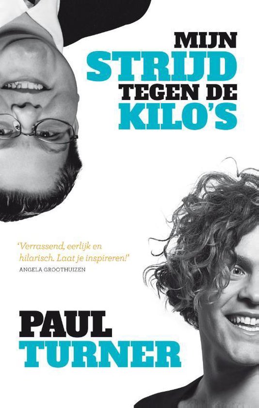 Een boek met de titel 'MIJN STRIJD TEGEN DE KILO'S' door PAUL TURNER. Twee mannen, één met bril, kijken lachend naar de camera.