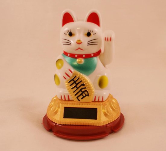 Geluksbrenger zwaaiende kat- Japanse gelukskat-Het geluks katje "maneki neko." Solar light .Kunststof. wit .9x6.5cm