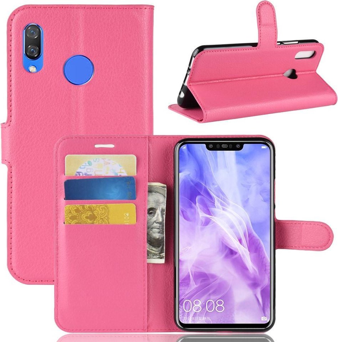 Boekhoesje voor Huawei P Smart Plus Hoesje Roze met Pasjeshouder