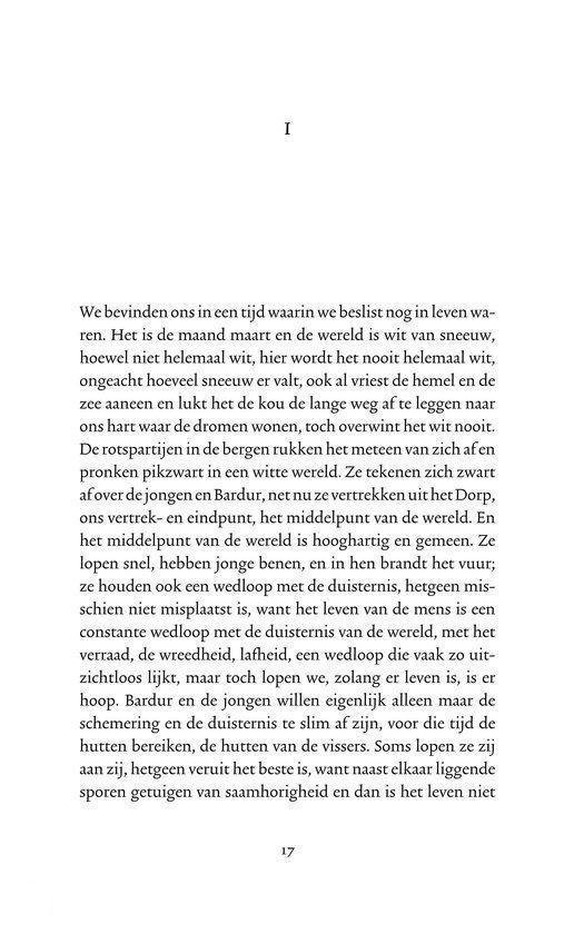 Eerste pagina van het boek met Romeinse cijfer 'I' en tekst over de aarde, de maan, het weer, de bergen, de duisternis, het dorp, de jeugd, de schapen en het leven.