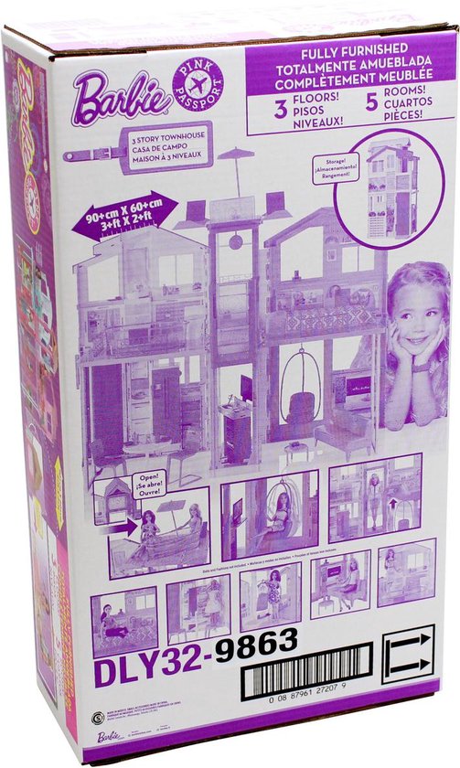Paarse doos van Barbie Malibu huis met 3 verdiepingen. Toont het opgevouwen huis, de Barbie pop en diverse meubels.