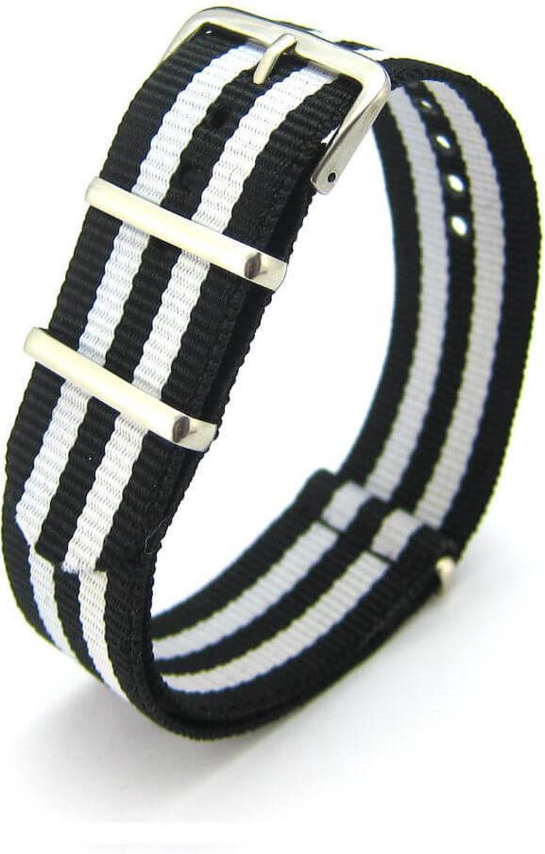 Premium Black White - Nato strap 20mm - Stripe - Horlogeband Zwart Wit