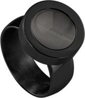 Quiges RVS Schroefsysteem Ring Zwart Glans 19mm met Verwisselbare Cat's Eye Grijs 12mm Mini Munt
