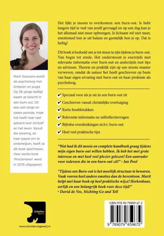 Boek van Marit Goessens over burn-out, met haar foto en een samenvatting.