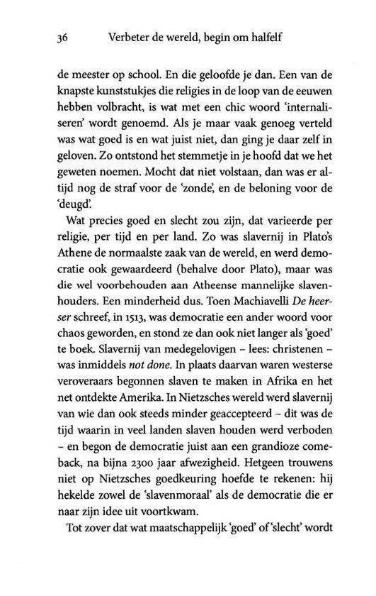 Pagina met tekst uit het boek 'Verbeter de wereld, begin om halfelf'.