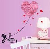 Muursticker hart met i love you in rood | hart met fiets en kat | lieve muursticker | love you muur sticker 120 x 115cm