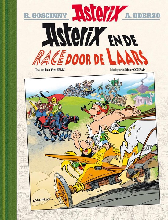 Asterix en Obelix in een strijdwagen tijdens een race, met andere stripfiguren op de achtergrond.