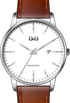 Q&Q heren horloge zilverkleurig met bruin lederen band en datumaanduiding BL76J816