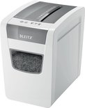 Witte Leitz IQ Slim Home Office papierversnipperaar met grijs accent en een kijkvenster vol snippers.