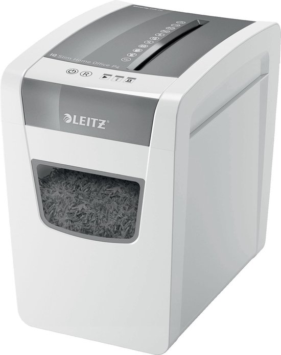 Witte Leitz IQ Slim Home Office papierversnipperaar met grijs accent en een kijkvenster vol snippers.