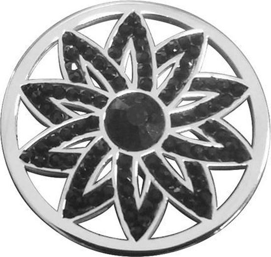 Silventi Lockits 982501846 Stalen munt - fantasie bloem met kristal - 33-2 mm - Zilverkleurig / zwart