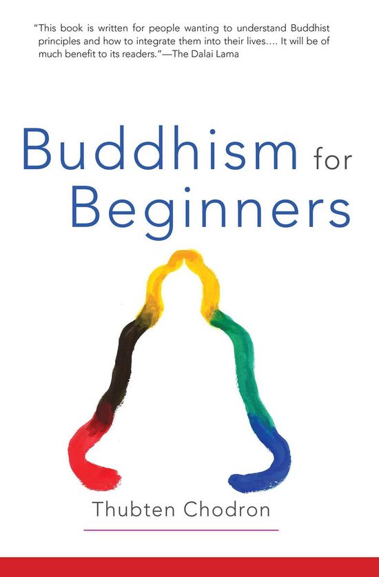 Boek "Buddhism for Beginners" van Thubten Chodron met een abstracte, veelkleurige gestalte.