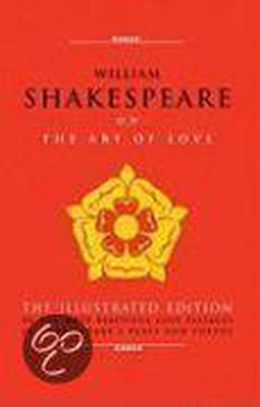 Boek William Shakespeare over De Kunst van de Liefde, rode kaft met een gele rozet.