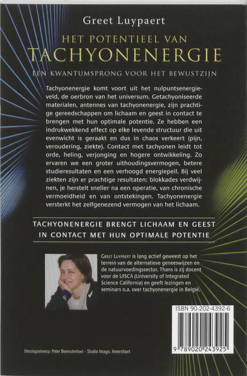 Achterkant van het boek 'Het Potentieel van Tachyonenergie', met een foto van Greet Luypaert.