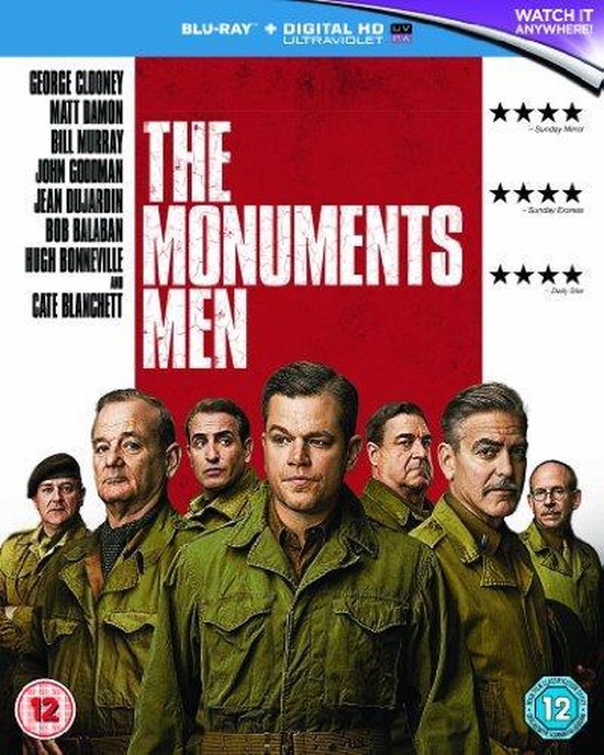 De Blu-ray hoes van "The Monuments Men" met de hoofdrolspelers George Clooney, Matt Damon, Bill Murray en anderen, staand in militaire uniformen.