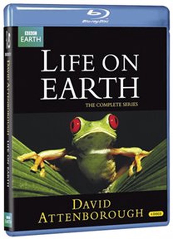 Blu-ray hoes met een groene boomkikker met rode ogen op groene bladeren. "Life on Earth, The Complete Series" door David Attenborough.