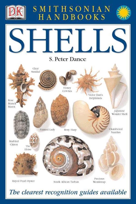 Boek 'Smithsonian Handbooks: Shells' met afbeeldingen van diverse schelpen zoals de 'Chambered Nautilus' en 'South African Turbin'.