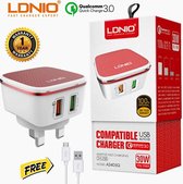 LDNIO A2405Q Snellader Qualcomm Quick opader met 1 Meter USB Kabel geschikt voor o.a iPhone 5 5S 5C SE 6 6S 7 8 Plus X XS XR Max iPod touch 5 6