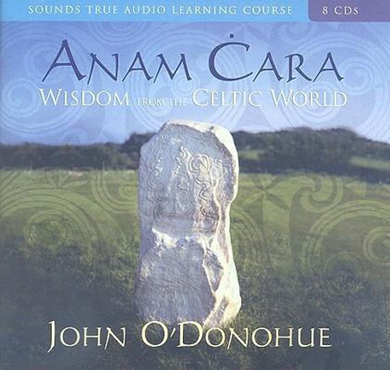 Boekhoes van de cd 'Anam Cara, Wisdom from the Celtic World' door John O'Donohue, met een staande steen met Keltische patronen.