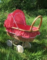 XL- Landau de poupée en osier - roues en bois - Capuche en Tissus - rouge