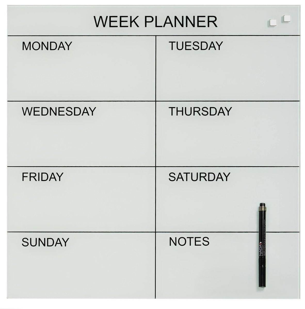 NAGA Glasmagneetbord - 45 x 45 cm - Weekplanner Engels - Wit - NA-12053