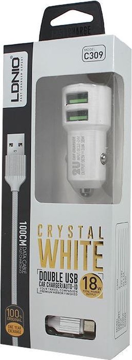 LDNIO C309 Dual USB Auto oplader 3.6A met Type C USB Kabel geschikt voor o.a Nokia 6 6.1 7 7.1 Plus 8 9