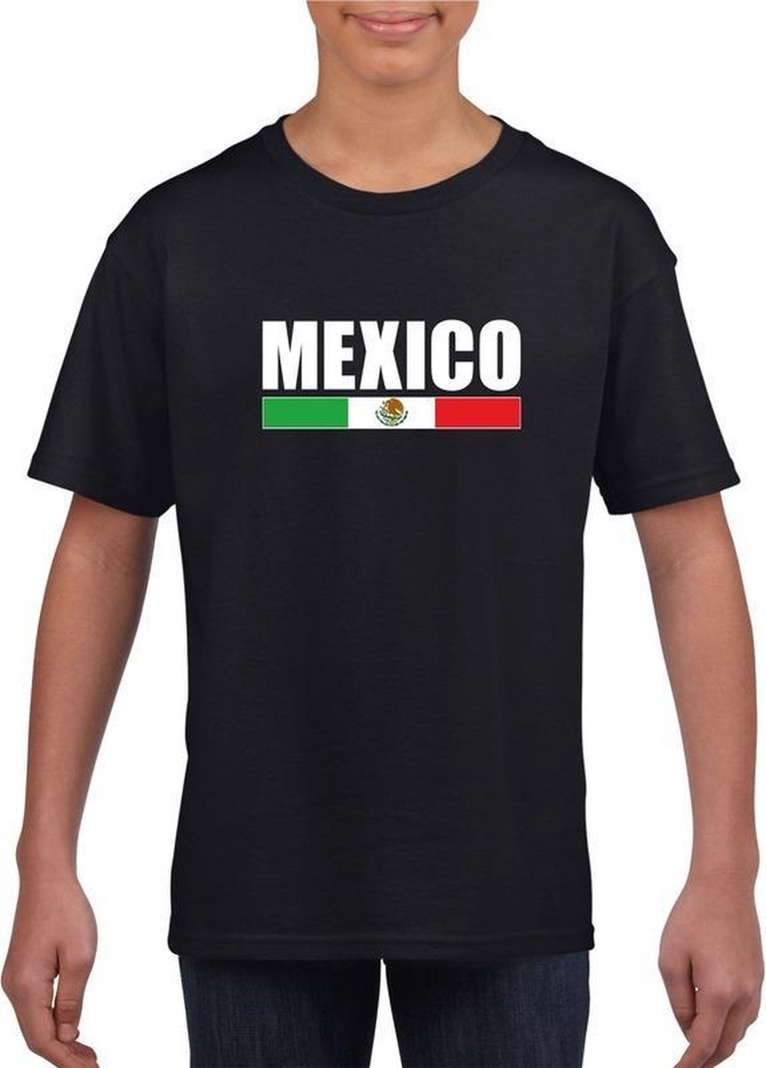 Afbeelding van product Bellatio Decorations  Zwart Mexico supporter t-shirt voor heren - Mexicaanse vlag shirts 122/128  - maat 122/128