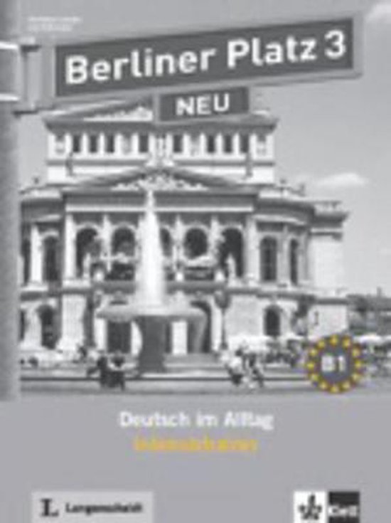 Couverture de livre "Berliner Platz 3 NEU" avec vue de ville, fontaine et "Deutsch im Alltag".
