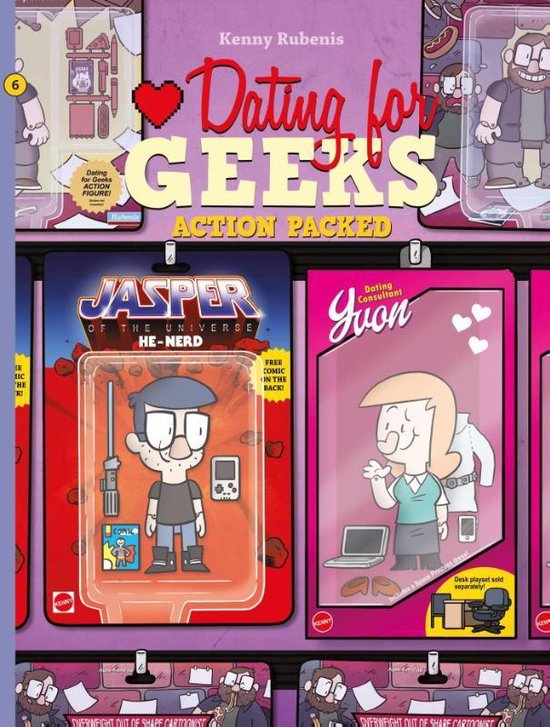 Boek 'Dating for Geeks' met actiefiguren van Jasper en Yvon. Jasper is een man met bril en grijze pet, Yvon is een vrouw met blonde paardenstaart.